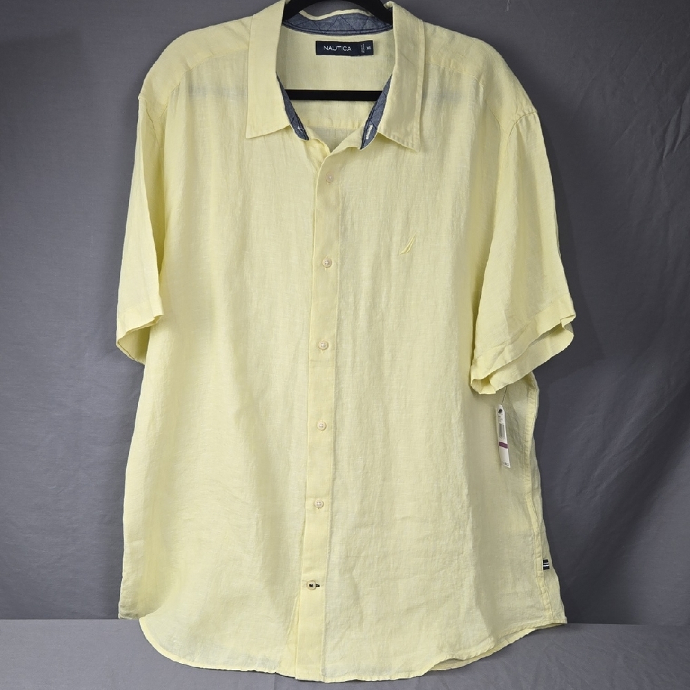 Nautica Pale Yellow Casual Button Down Shirt 100% linen